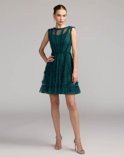 High Neck Sleeveless Micro Ruffle Mini Dress