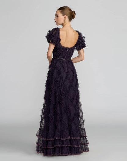 Dark Purple Tiered Ruffle Puff Sleeve Gown