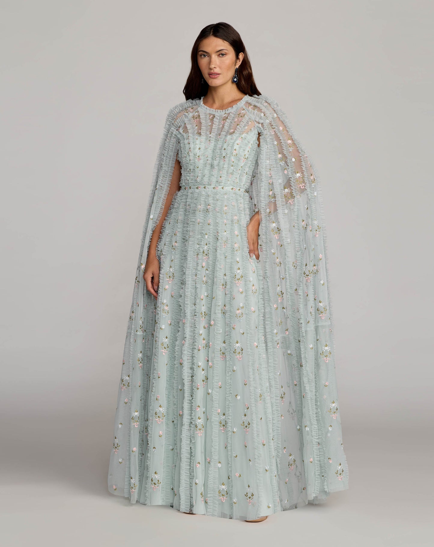 Blue Embroidered High Neck Cape Sleeve Gown