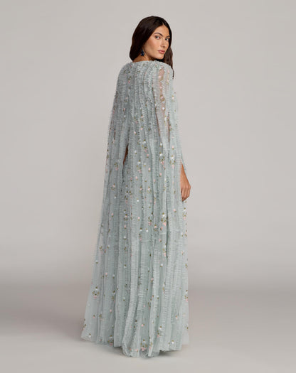 Blue Embroidered High Neck Cape Sleeve Gown