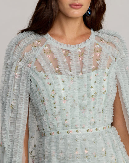 Blue Embroidered High Neck Cape Sleeve Gown