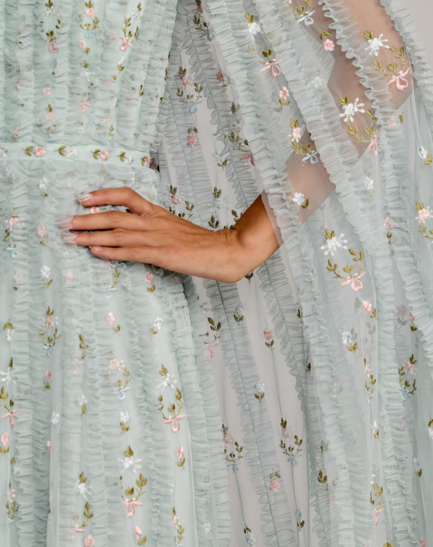 Blue Embroidered High Neck Cape Sleeve Gown