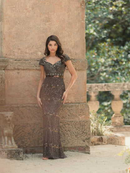 Brown Sequin Cap Sleeve Sweetheart Column Gown