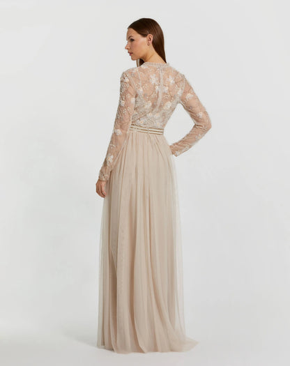 Beige Embellished Illusion High Neck Long Sleeve Gown