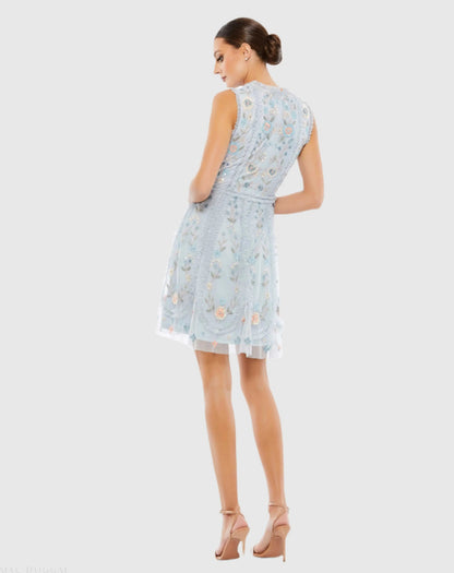 Blue Sleeveless High Neck Embroidered Mini Dress
