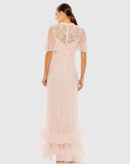 Light Pink Floral Embellished Flutter Sleeve A-Line Gown