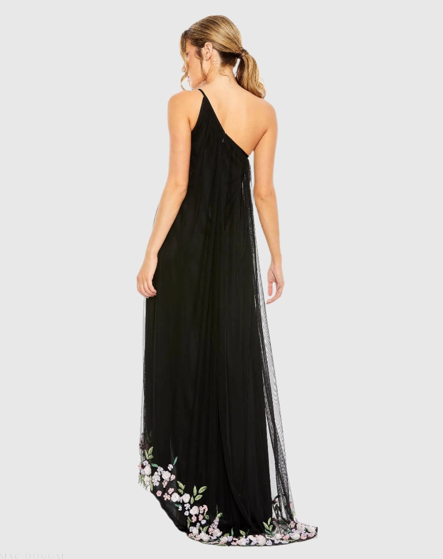 Black One Shoulder Embellished Trapeze Gown