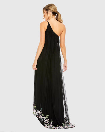Black One Shoulder Embellished Trapeze Gown