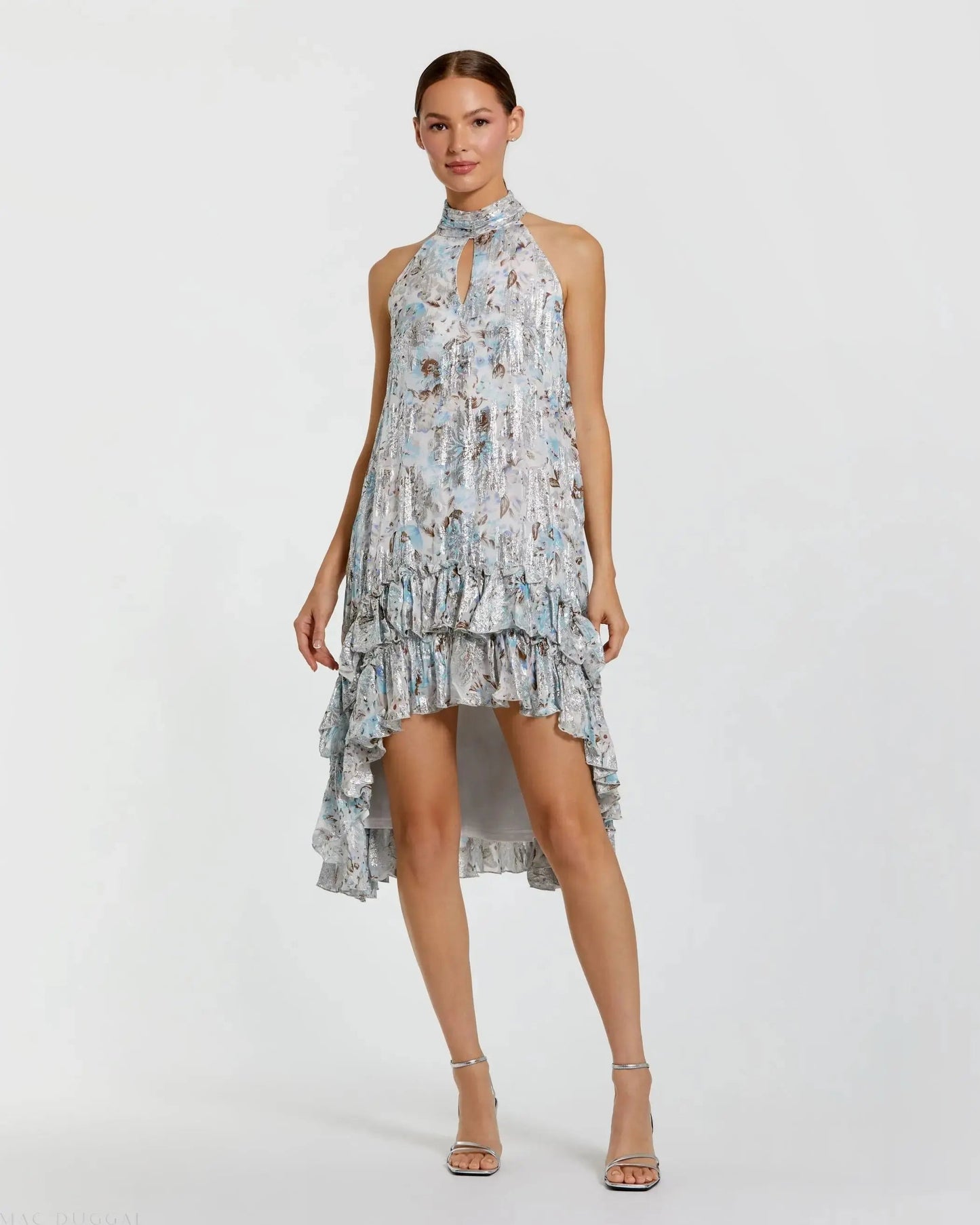 High Neck Keyhole A-Line Floral Ruffle Mini Dress