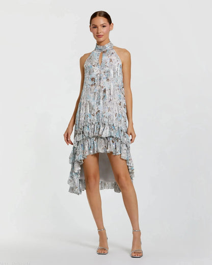 High Neck Keyhole A-Line Floral Ruffle Mini Dress