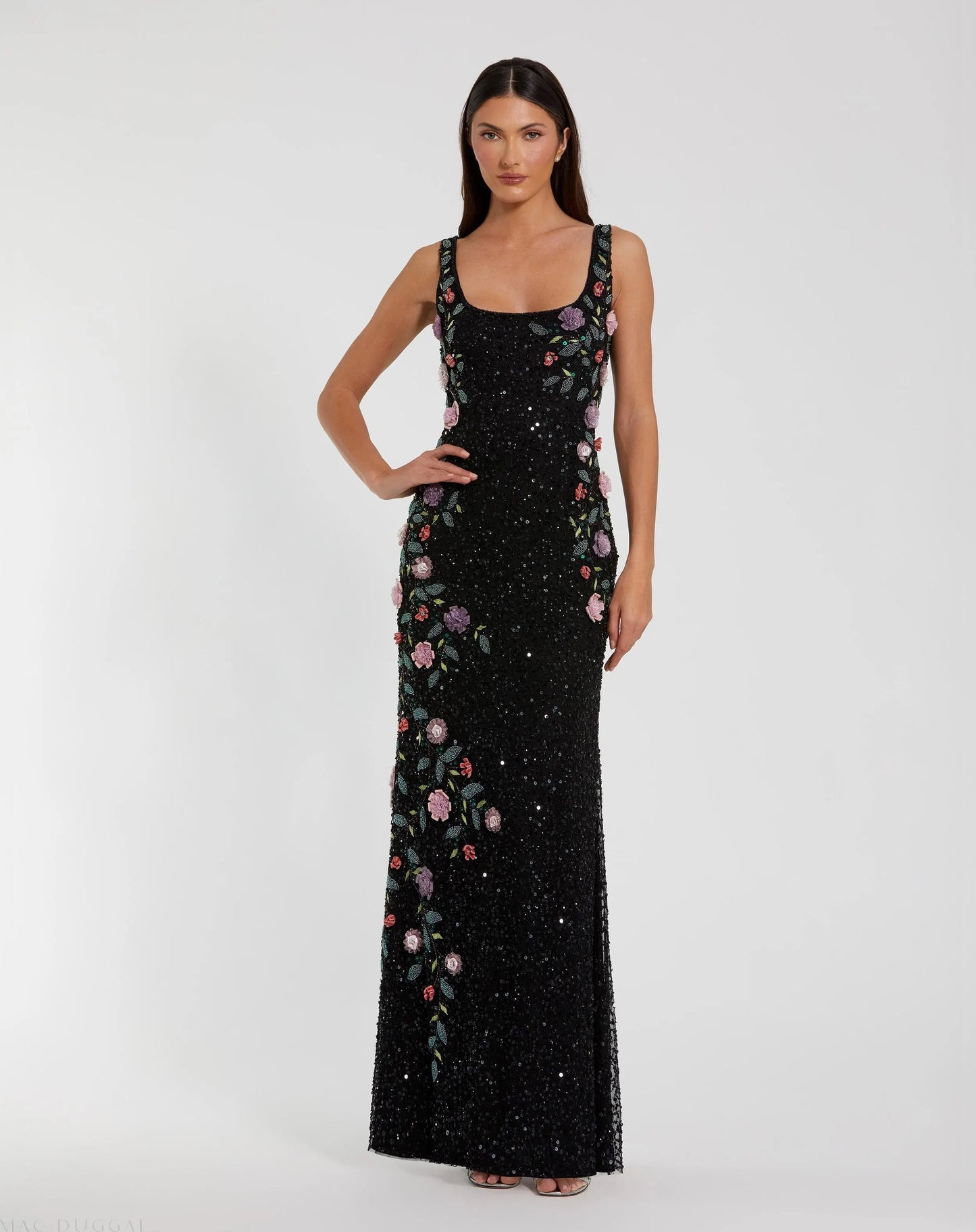 Black Floral Beaded Scoop Neck Sleeveless Gown