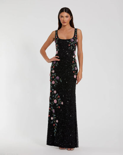 Black Floral Beaded Scoop Neck Sleeveless Gown