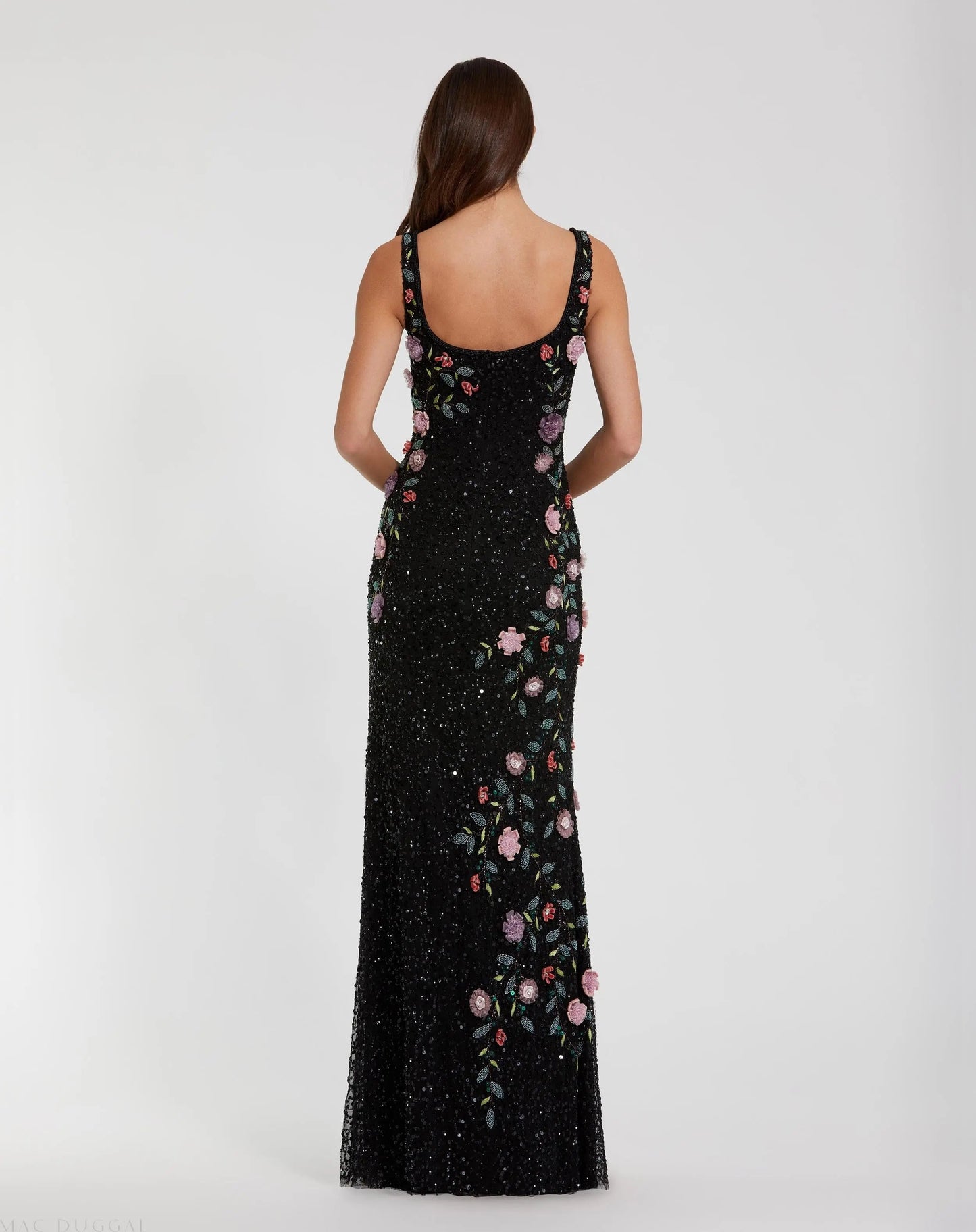 Black Floral Beaded Scoop Neck Sleeveless Gown