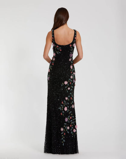 Black Floral Beaded Scoop Neck Sleeveless Gown