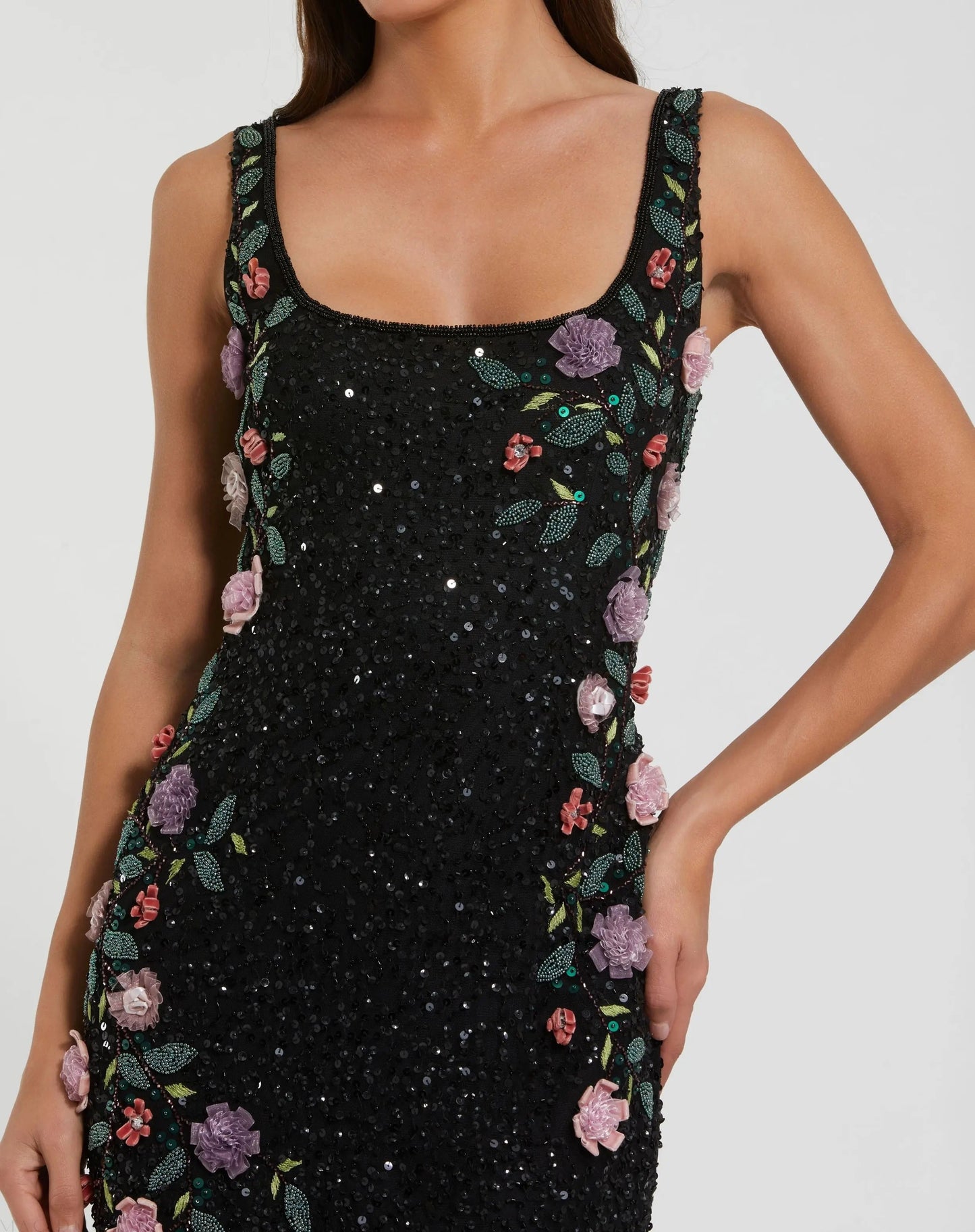Black Floral Beaded Scoop Neck Sleeveless Gown