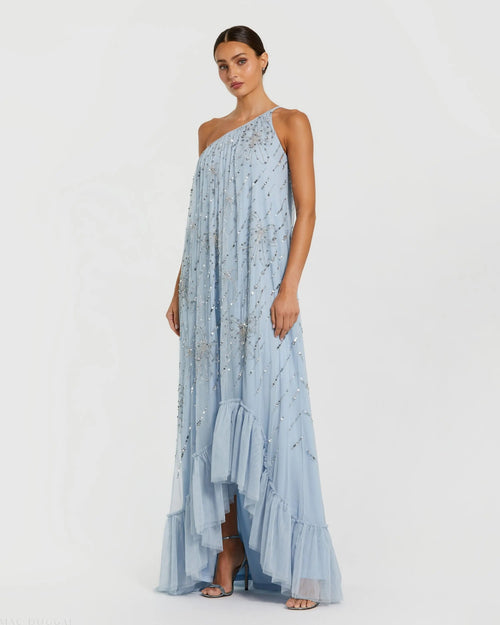 Blue One Shoulder Bow Embellished High Low Gown