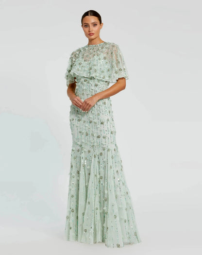 Embellished Illusion Cape Sleeve Trumpet Gown