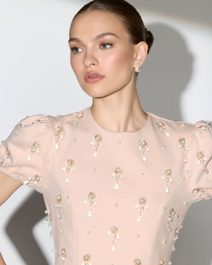 Beige Crystal Embellished Short Sleeve Mini Dress