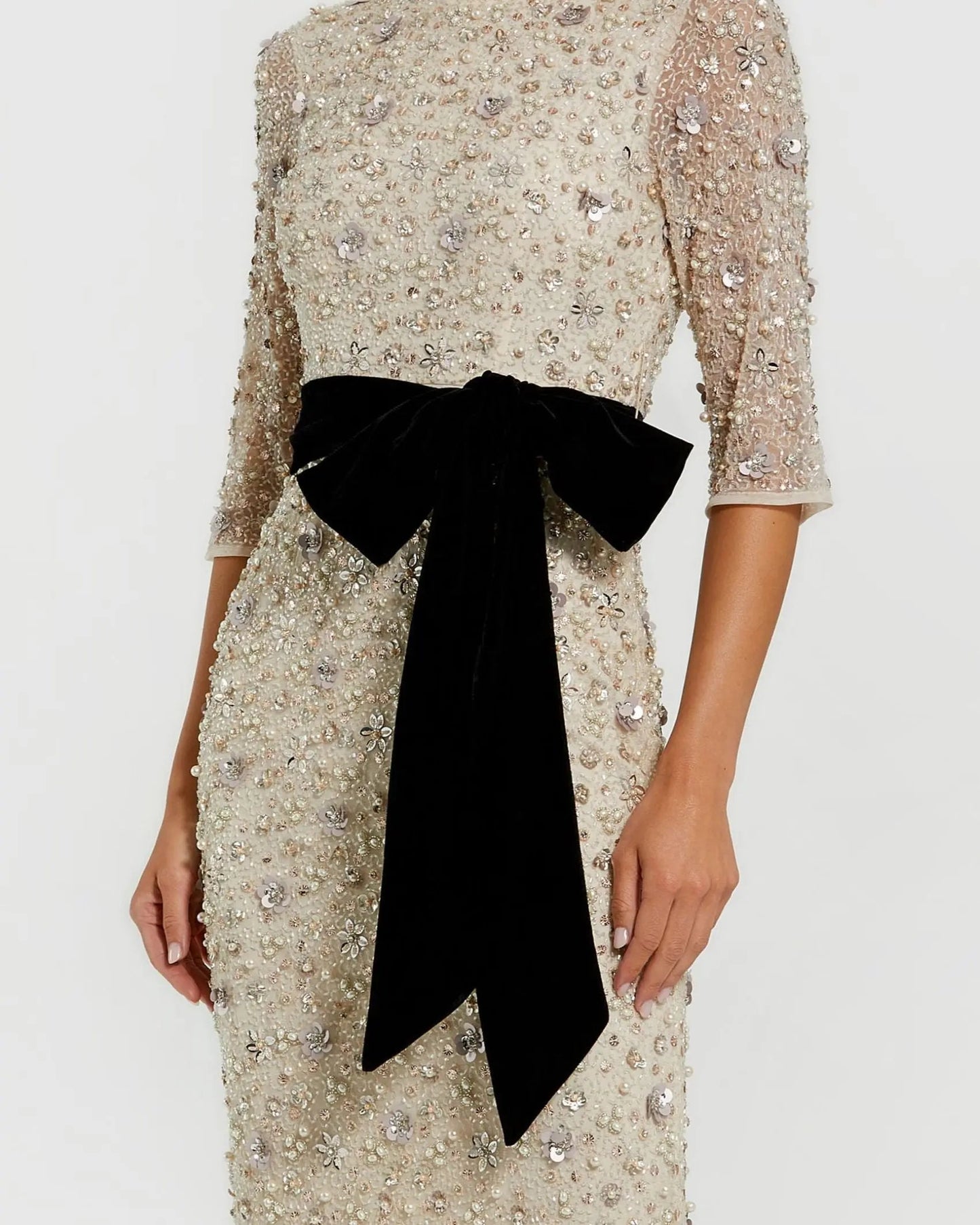 Ivory Embellished Evening Gown with Velvet Bow