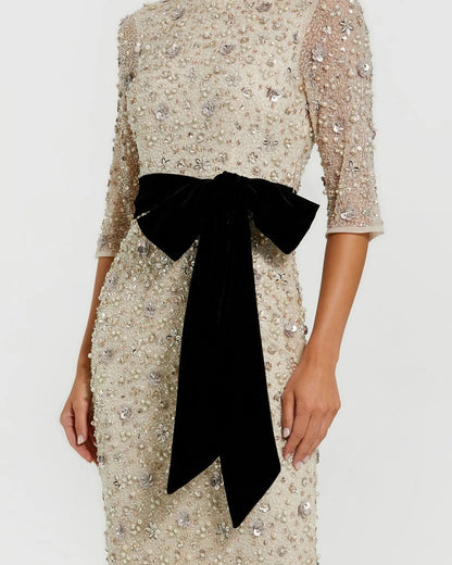 Ivory Embellished Evening Gown with Velvet Bow