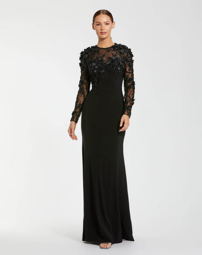 Long Sleeve Floral Embellished Column Gown