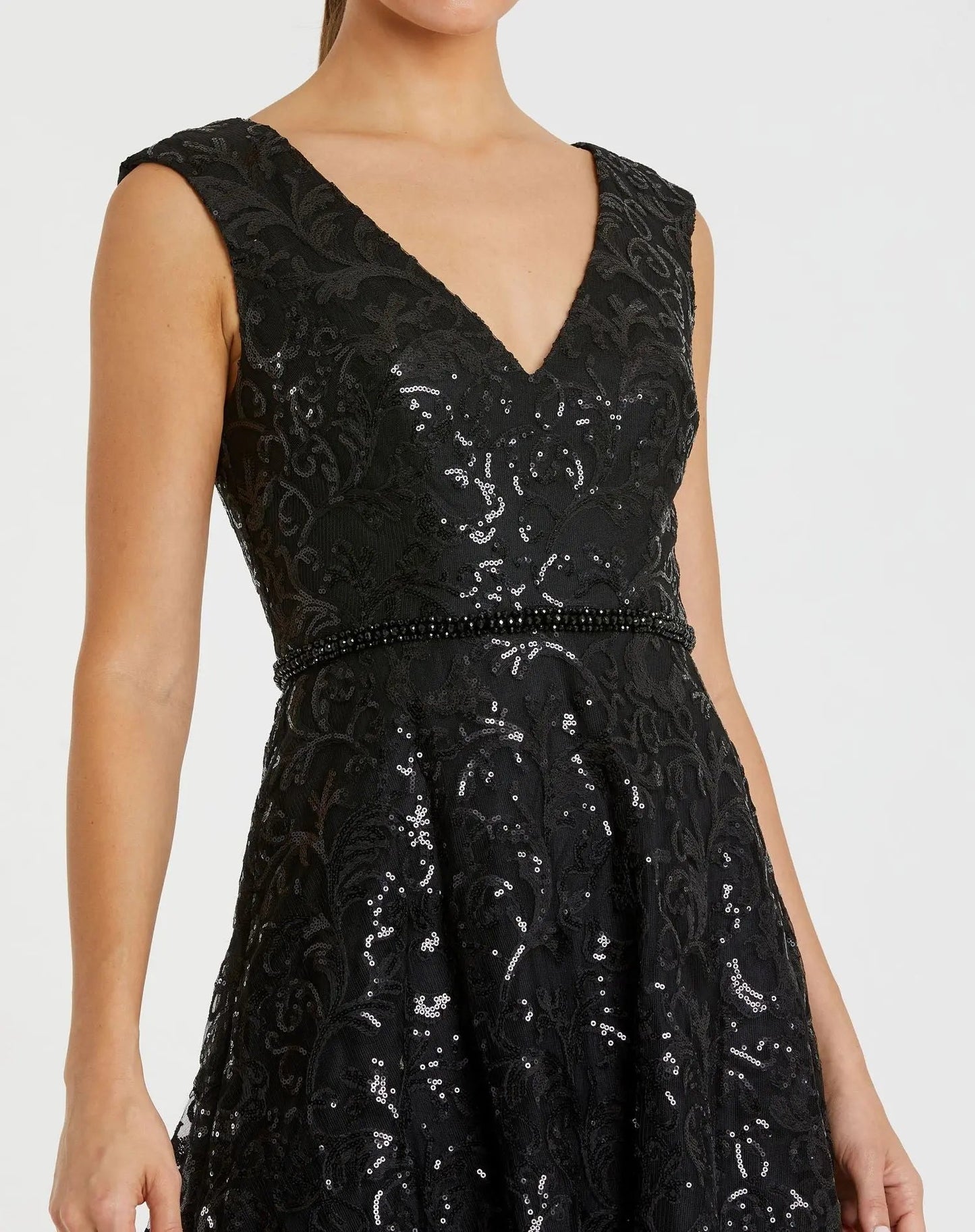 Black V Neck Cap Sleeve Sequin Dress