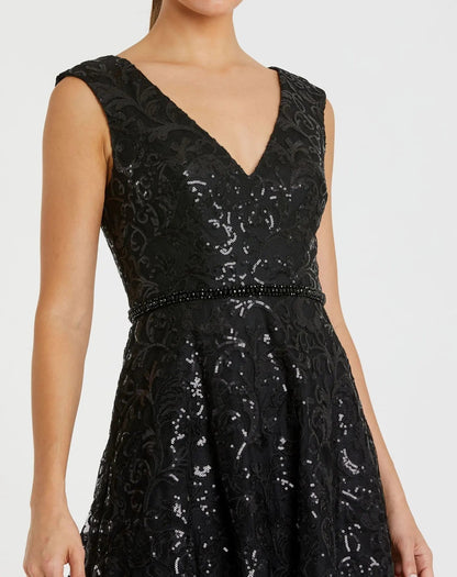 Black V Neck Cap Sleeve Sequin Dress