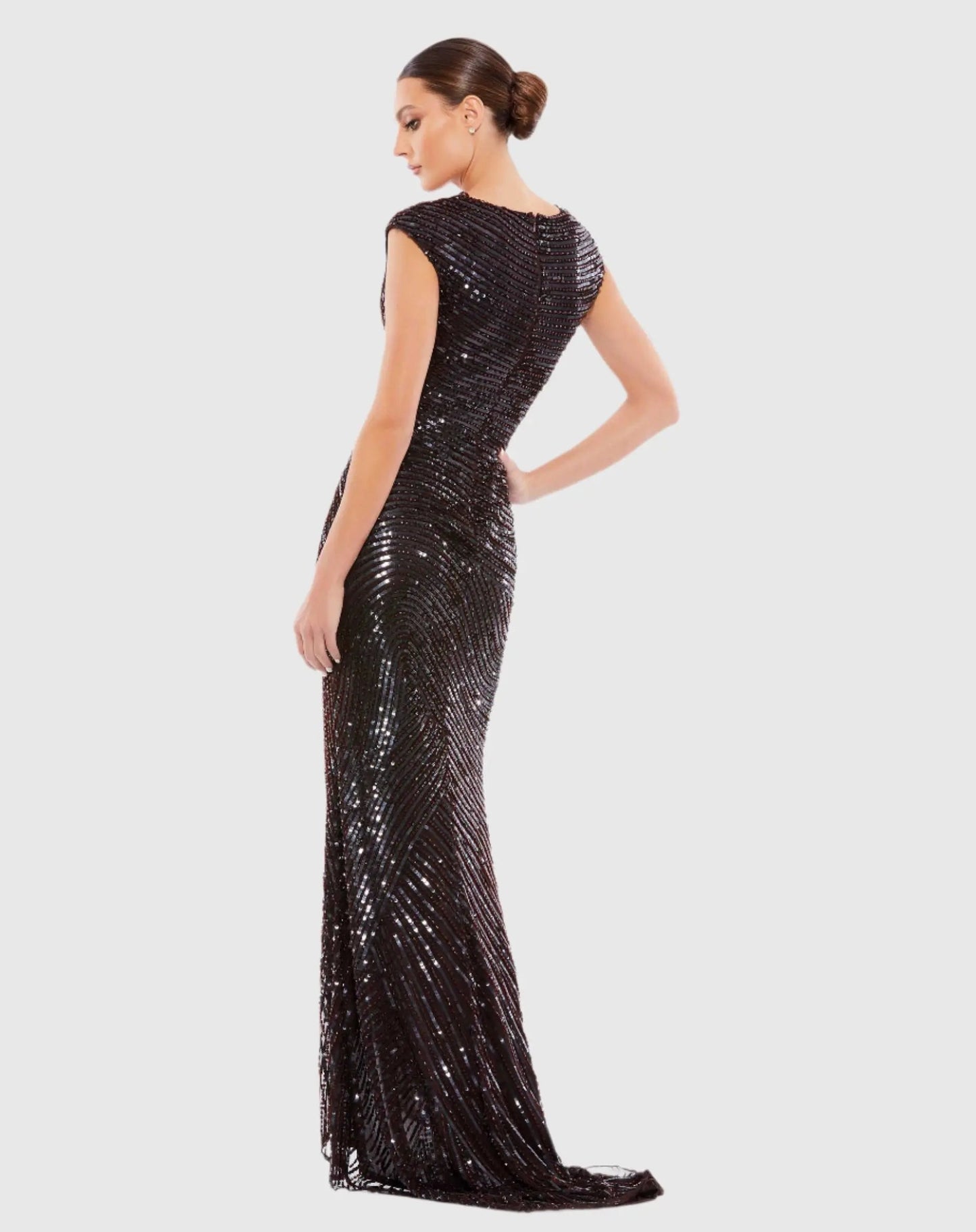 Brown Embellished Cap Sleeve Evening Gown