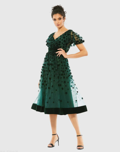 Embellished Butterfly Sleeve Velvet Hem Midi Dress