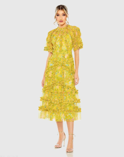 Illusion Floral Midi Dress with Ruffle Detailing