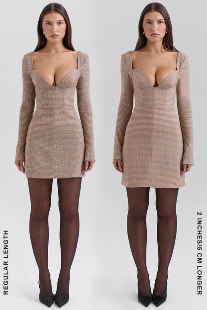 brown puppytooth check plunge mini dress - sale